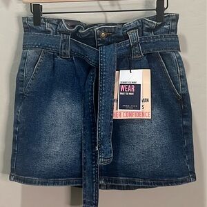 Paperbag Waist Jean Skirt Women’s Mini Pockets Tie Belt Angel Kiss Denim Denim